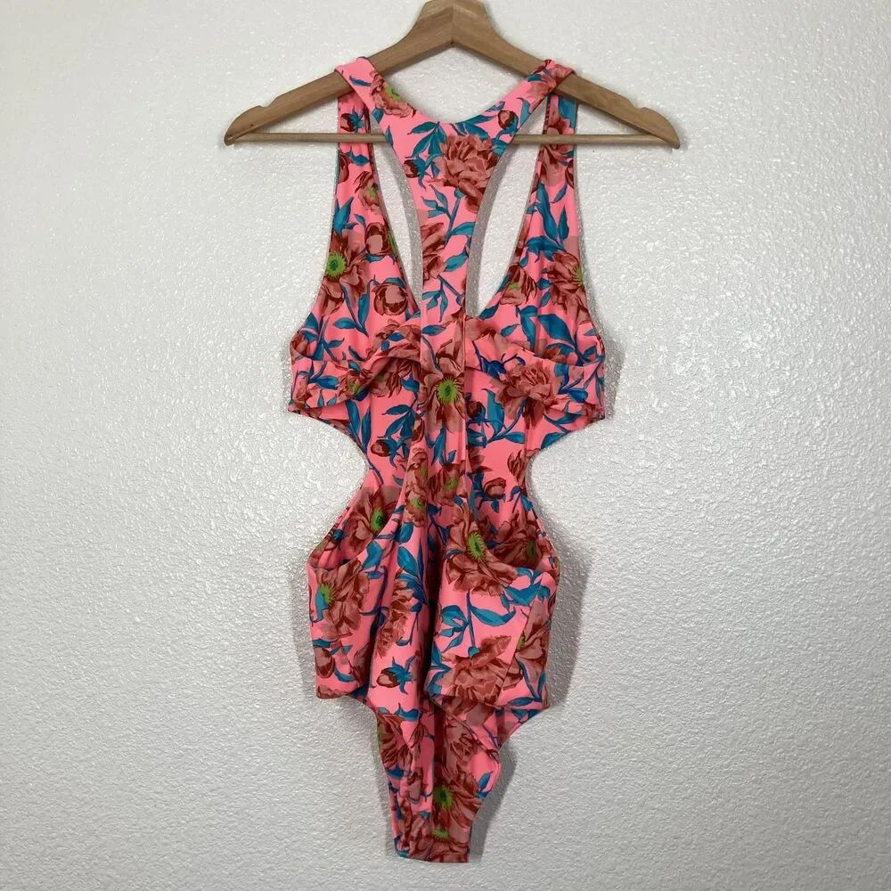 Tori Praver One Piece Swimsuit Womens Large Pink Floral Cutout Monokini Tropical